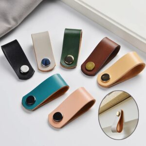Cowhide Small cabinet pull knob dresser drawer knobs wardrobe door brass metal head furniture Multi Color Leather handle